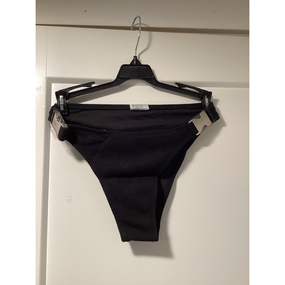Motel Rocks Hyuna Bikini Bottoms Black Crinkle Silver Buckle Swimwear Size M